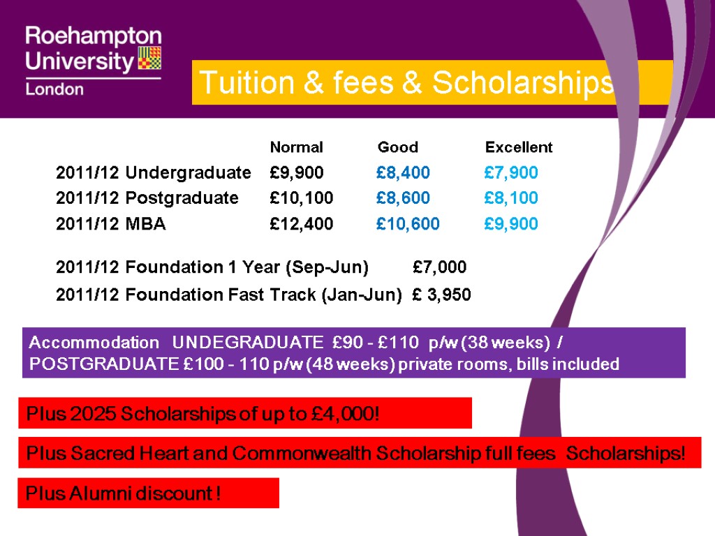 Tuition & fees & Scholarships Normal Good Excellent 2011/12 Undergraduate £9,900 £8,400 £7,900 2011/12